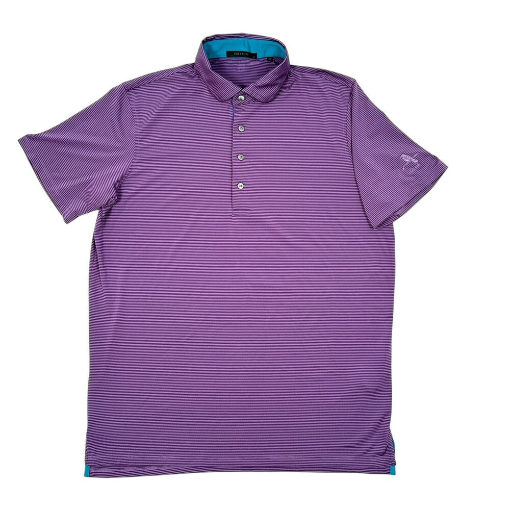 Greyson Golf Polo Shirt Mens Size Large Purple Striped Performance Stretch
